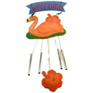 🖤 Flamingo Luau Welcome Wind Chime 15" Wood Lightweight Tropical Flower NEW